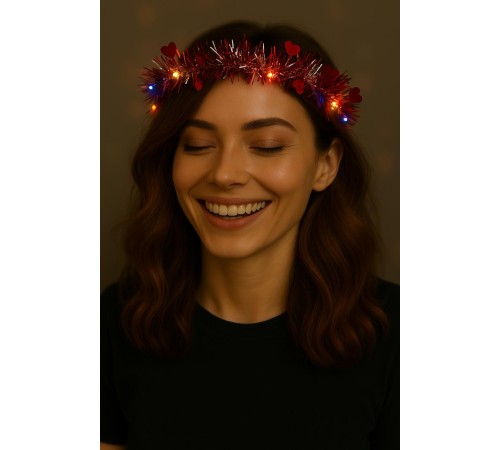 Kalp Püsküllü Gece Parıltısı 3 Modlu LED Işıklı Taç Kırmızı Renk