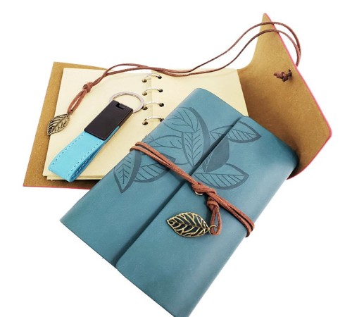 Özel Ahşap Kutulu Mavi Deri Defter ve Anahtarlık Set