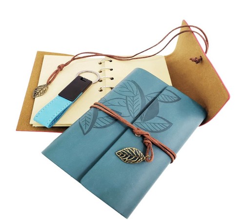 Ahşap Kutulu Mavi Deri Defter ve Anahtarlık Set