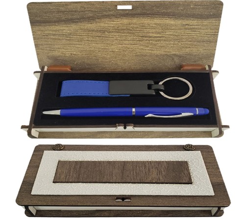 Ahşap Kutulu Mavi Kalem Anahtarlık Set