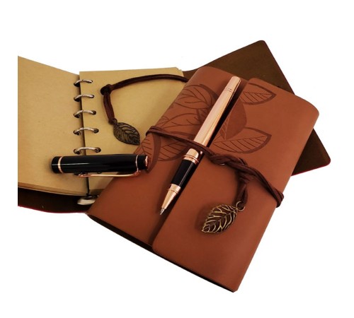 Ahşap Kutulu Taba Renk Deri Defter ve Kalem Set