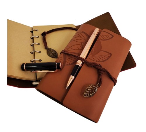 Özel Ahşap Kutulu Taba Deri Defter ve Bakır Roller Kalem Set