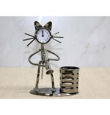 Metal Kedi Müzisyen Saat Ve Kalemlik
