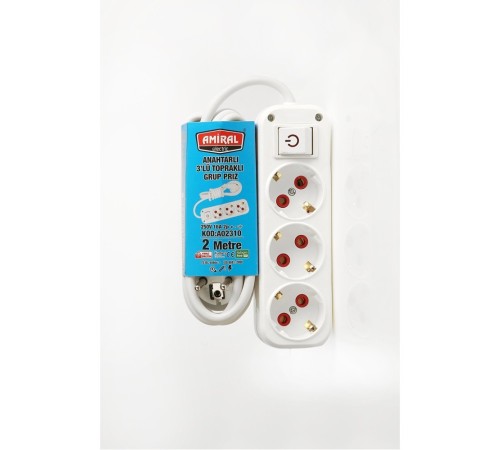 Amiral 3' lü Topraklı Anahtarlı 2 Metre Kablolu Grup Priz