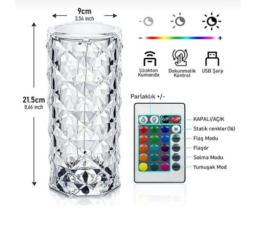 Kristal Elmas Led Dokunmatik Şarjlı Kumandalı Masa Lambası RGB