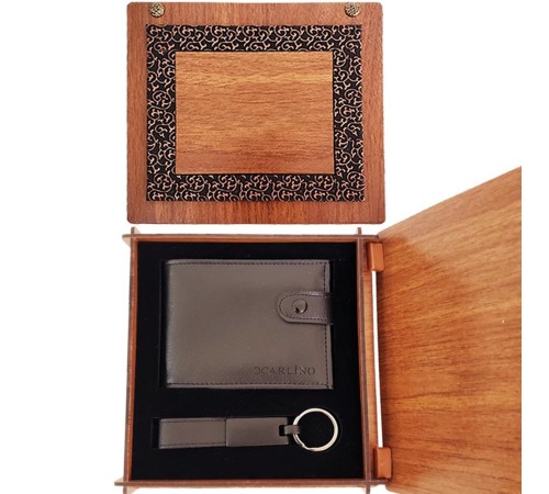 Ahşap Kutulu Cüzdan Mat Siyah Anahtarlık Dekoratif Hediyelik