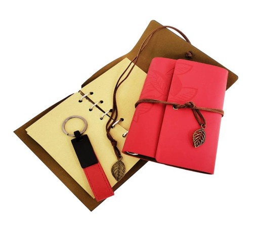 Ahşap Kutulu Kırmızı Deri Defter Ve Anahtarlık Set
