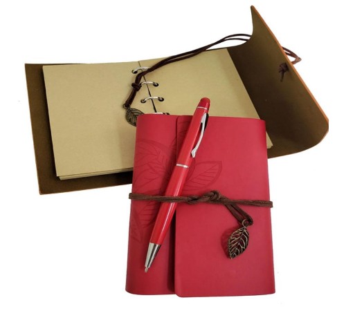 Ahşap Kutulu Kırmızı Deri Defter Metal Kalem Set