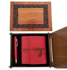 Ahşap Kutulu Kırmızı Deri Defter Metal Kalem Set