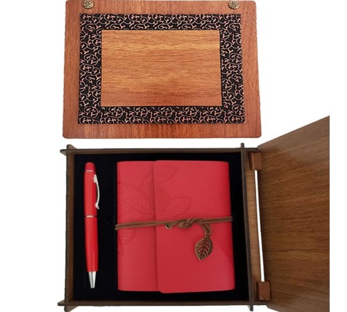 Ahşap Kutulu Kırmızı Deri Defter Metal Kalem Set