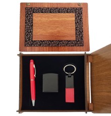 Ahşap Kutulu Kırmızı Kalem Anahtarlık Çakmak Set