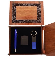 Ahşap Kutulu Mavi Kalem Anahtarlık Çakmak Set Hediyelik