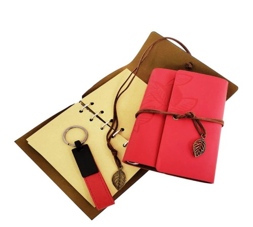 Özel Ahşap Kutulu Kırmızı Deri Defter Ve Anahtarlık Set