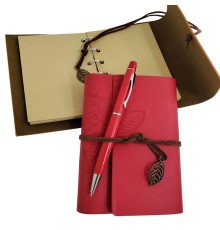 Özel Ahşap Kutulu Kırmızı Deri Defter Ve Kalem Set