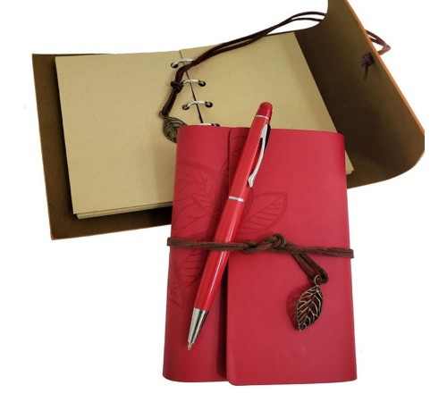 Özel Ahşap Kutulu Kırmızı Deri Defter Ve Kalem Set