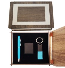 Özel Ahşap Kutulu Mavi Kalem Anahtarlık Ve Çakmak Set