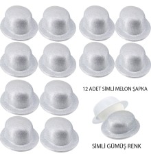 Gümüş Renk Simli Melon Yuvarlak Parti Şapkası 12 Adet