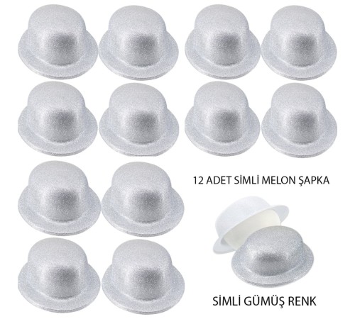 Gümüş Renk Simli Melon Yuvarlak Parti Şapkası 12 Adet