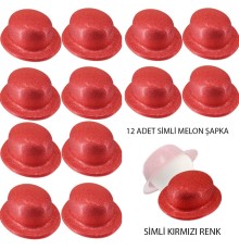 Kırmızı Renk Simli Melon Yuvarlak Parti Şapkası 12 Adet