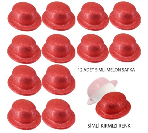 Kırmızı Renk Simli Melon Yuvarlak Parti Şapkası 12 Adet