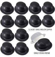 Siyah Renk Simli Melon Yuvarlak Parti Şapkası 12 Adet