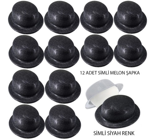 Siyah Renk Simli Melon Yuvarlak Parti Şapkası 12 Adet