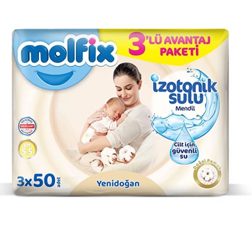 Yenidoğan İzotonik Sulu Doğal Pamuk Islak Havlu Mendil 3'Lü 150 Yaprak