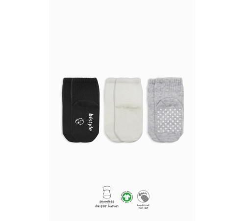 3'Lü Basic Kaymaz Penye Soket Çorap 10107 Siyah Ekru Gri