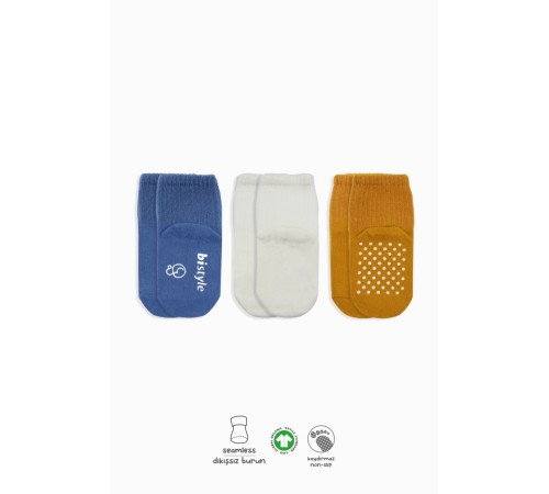 3'Lü Basic Kaymaz Penye Soket Çorap 10107 İndigo Ekru Hardal