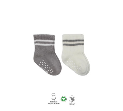 Çemberli Kaymaz Soket Çorap 2'Li BS10125 Gri Ekru