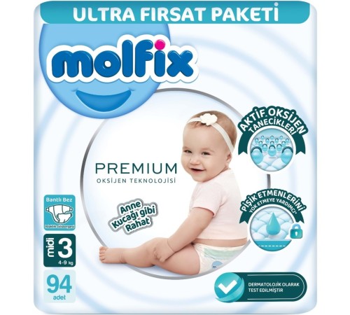 Premium Bebek Bezi Ultra Fırsat Paketi 3 Beden 4-9 Kg 94 Adet