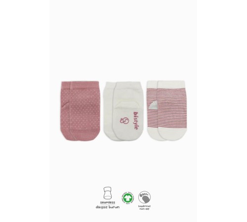 Puanlı Kaymaz Penye Soket Çorap 3'Lü BS10108 Pudra