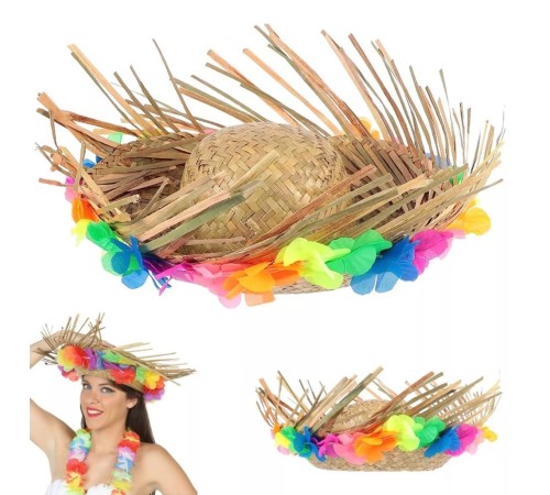 Naturel Renk Püsküllü Örme Hasır Hawaii Luau Aloha Şapka 13x36 cm