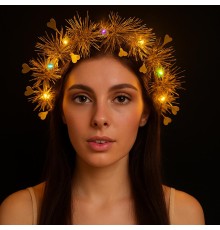 Kalp Püsküllü Gece Parıltısı 3 Modlu LED li Işıklı Taç Altın Renk