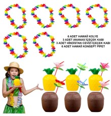 Tropikal Hawaii Parti Malzemeleri – Kolye, Pipet, Bardak Seti
