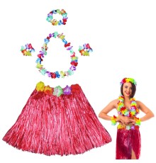 Hawaii Dans Kostümü – Kırmızı Hula Etek & Çiçek Kolye Seti