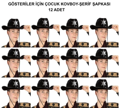 Kovboy Şerif Şapkası Siyah 12 Adet - Kostüm, Parti ve Gösteri Şapkası