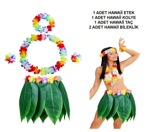 Yetişkin Hawaii Kostüm Seti - Yaprak Etek ve Aksesuar Seti- 5 Parça