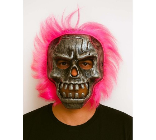 Wild Skull - Gümüş Kafatası Pembe Saçlı İskelet Maske