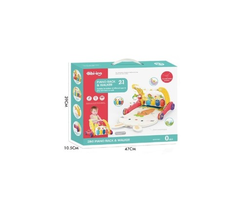 BIB6016- Piyanolu Bebek Yürüteci ve Tavşan Desenli Kırmızı Oyun Halısı 2 in 1