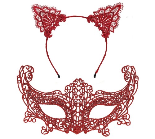 Romantik Kırmızı Dantel Maske Seti – Kedi Kulaklı Taç ve Maske 3 No