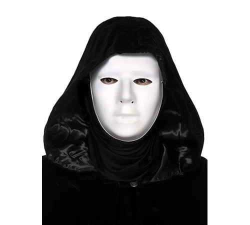 Siyah Kapüşonlu 120 cm Pelerin ve Beyaz Boyanabilir Tam Yüz Maske