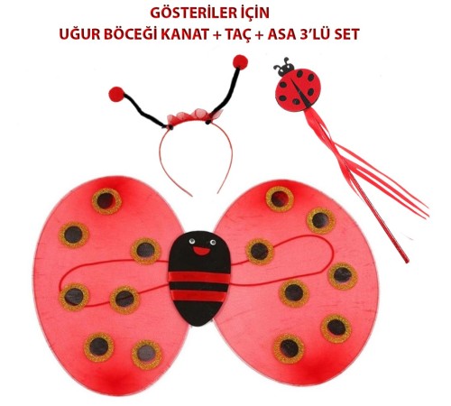 Çocuk Gösteri İçin Uğur Böceği Kanat + Taç + Asa 3 lü Kostüm Seti