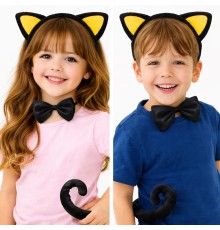 Sarı Kulaklı Kedi Kostüm Seti – Taç Papyon Kuyruk 3 Parça
