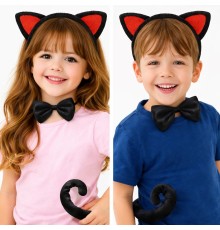 Kırmızı Kulaklı Kedi Kostüm Seti – Taç Papyon Kuyruk 3 Parça