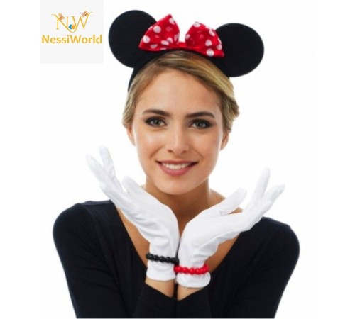 Kırmızı Fiyonklu Minnie Mouse Tacı ve Beyaz Eldiven Seti
