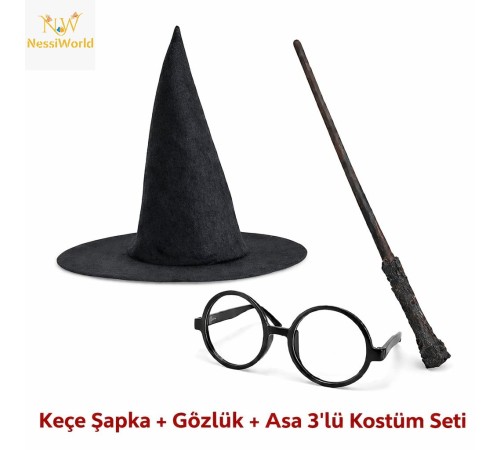 Çocuk Seti (Siyah Keçe Şapka, Asa, Gözlük)