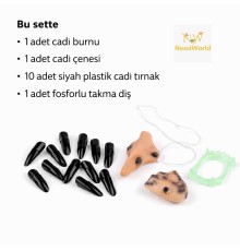Cadı Aksesuar Seti – Burun, Çene, Fosforlu Diş ve 10 Adet Siyah Tırnak