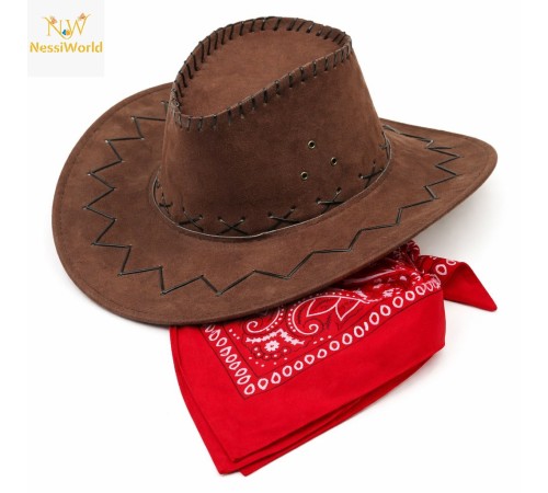 Çocuk Kovboy Şapka Kahverengi & Kırmızı Bandana Seti