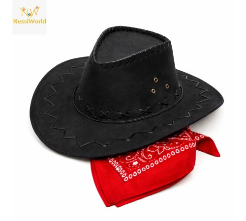 Çocuk Kovboy Şapka Siyah & Kırmızı Bandana Seti